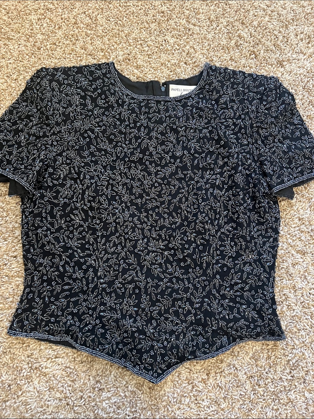 Papell Boutique Black Short Sleeve Beaded Floral Top
